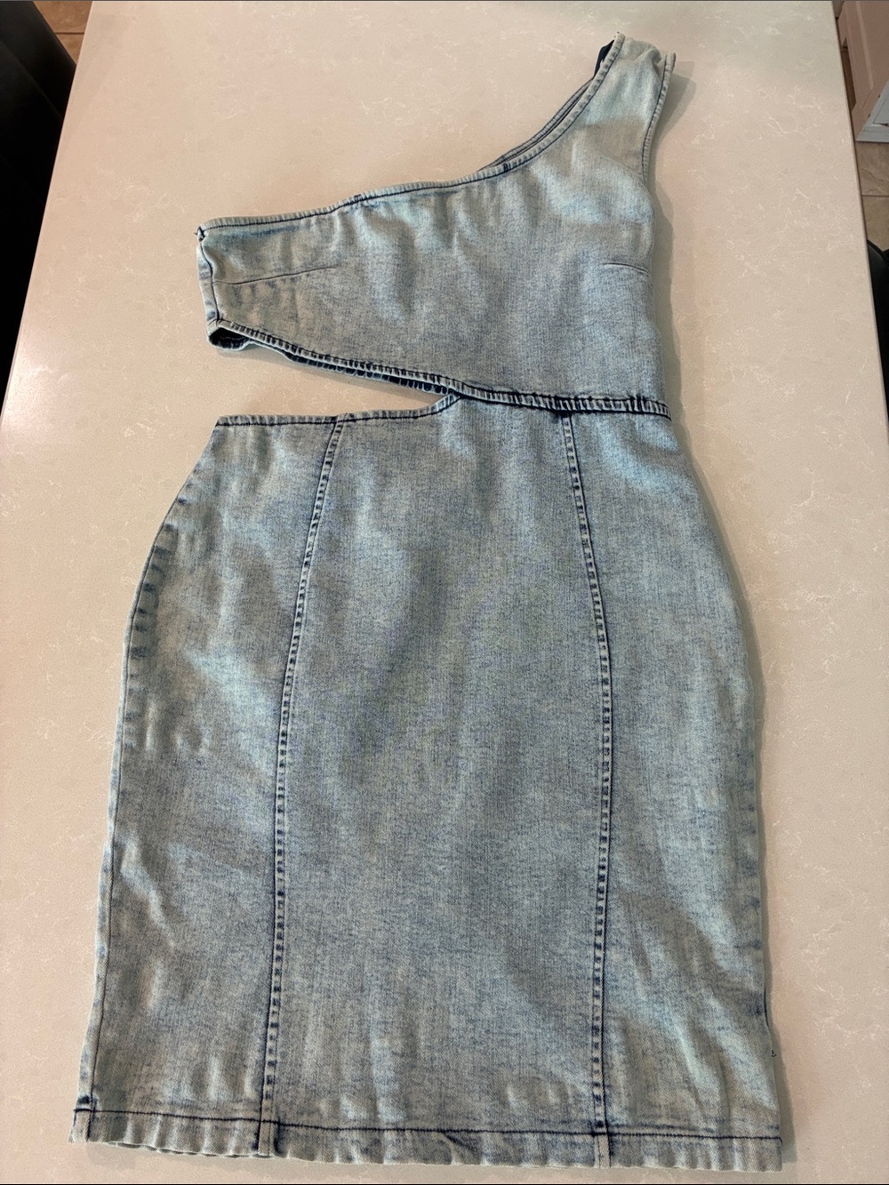 One-Shoulder Light Blue Denim Dress with Cutout